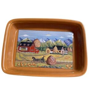 Russ Berrie Autumn Harvest Farm Ceramic Casserole Dish Fall Country Decor